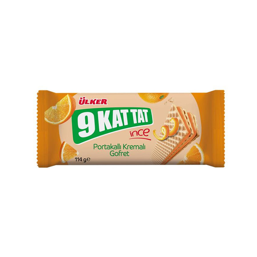 Ülker 9 Kat Tat Portakal Kremalı Gofret 114 g ambalajı, ön yüz